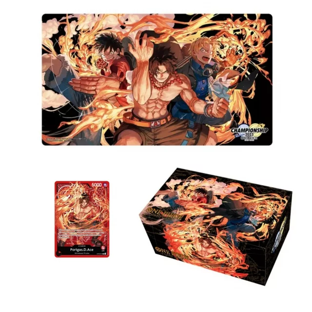 Karetní hra One Piece TCG - Ace/Sabo/Luffy Special Goods Set (podložka, krabička, karta)